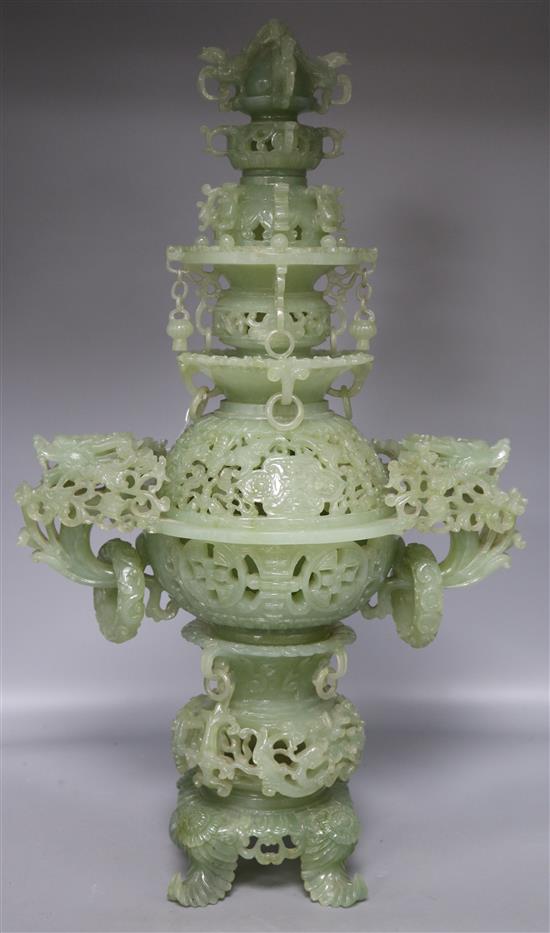 Tall Chinese bowenite jade pagoda censer and cover